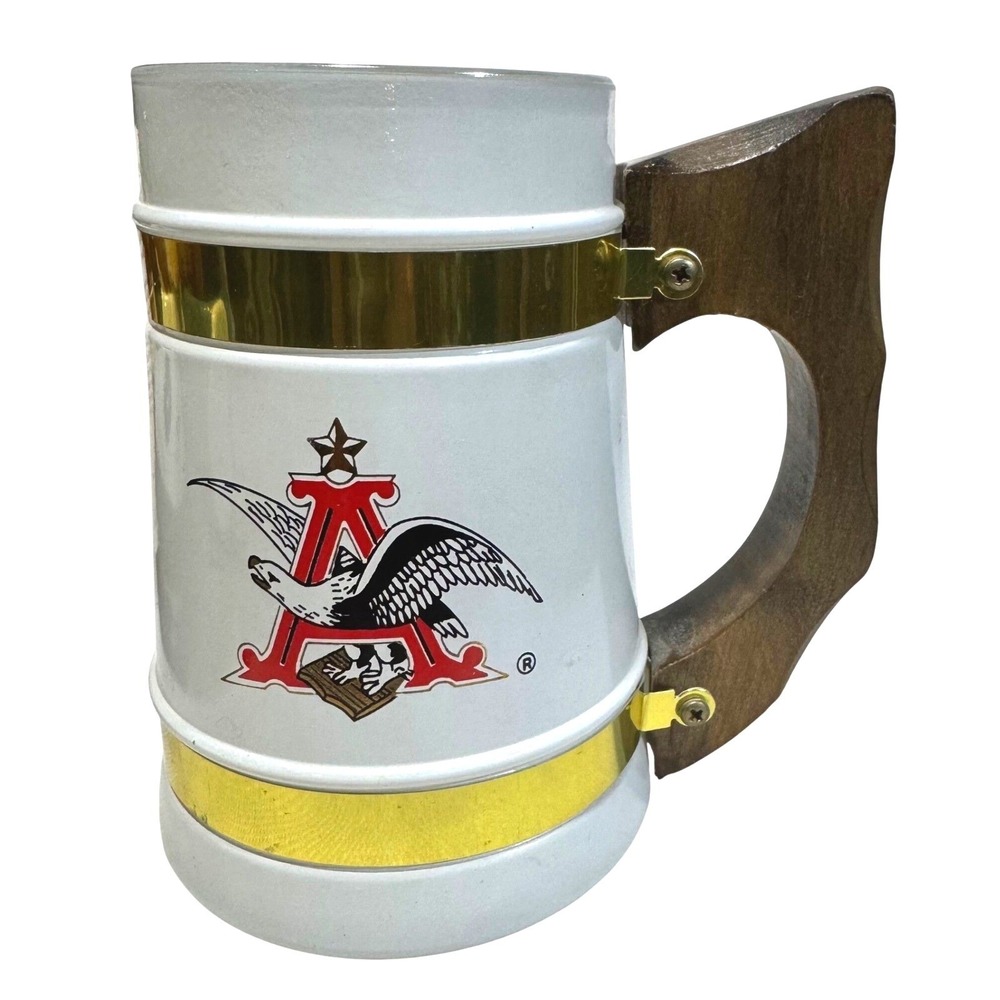 Anheuser-Busch Vintage Beer Stein A & Eagle Logo Frosted Glass Wood Handle White